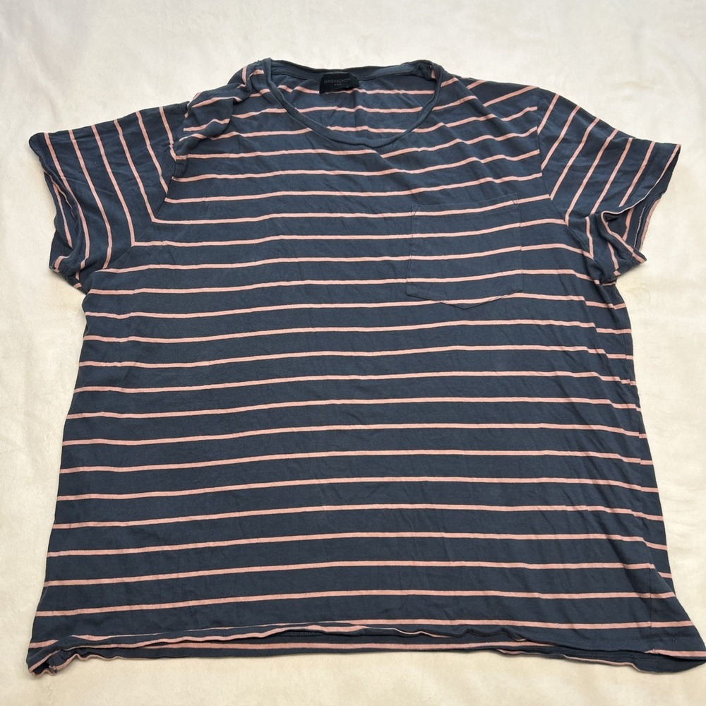 Magaschoni Man Men's Pocket Tee Shirt Medium Blue Pink Striped Short Sleeve